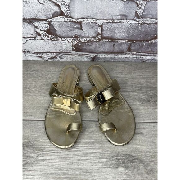 Salvatore Ferragamo Gold Leather Bow Slides Flat Sandals Women’s Sz 5.5M US/36EU - Picture 8 of 16